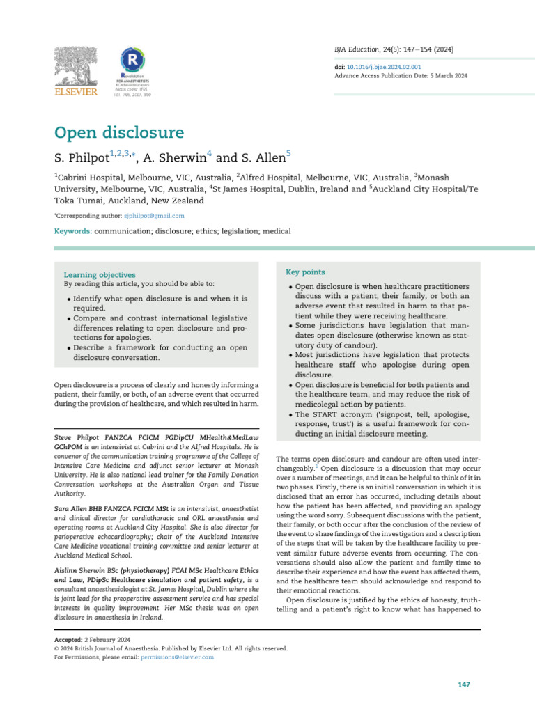 Open Disclosure in Healthcare Ethics | PDF | Medical Error | Patient