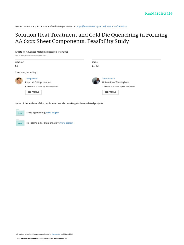 Solution Heat Treatment and Cold Die Quenching in Forming AA 6xxx Sheet ...