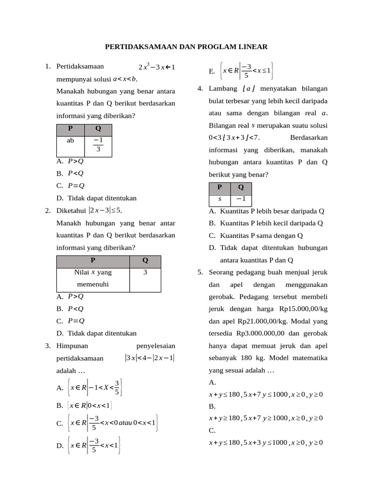 Pertidaksamaan dan Program Linear Matematis | PDF