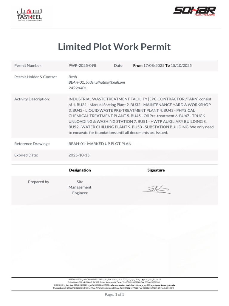 Limited Plot Work Permit for Waste Facility | PDF | Oman