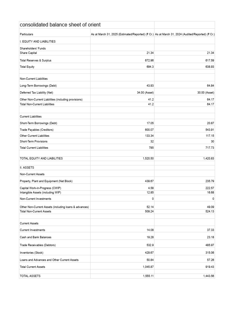 Orient Consolidated Balance Sheet 2025 | PDF | Equity (Finance ...