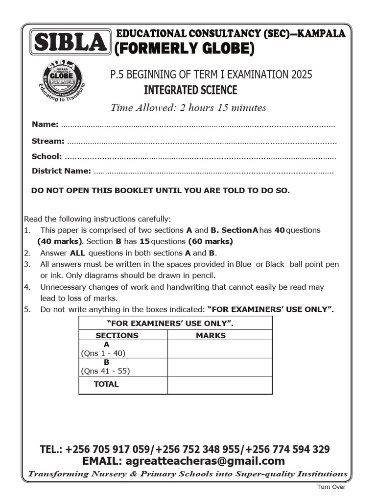 Sibla p.5 Integrated Science Beginning of Term i Examination 2025 | PDF ...