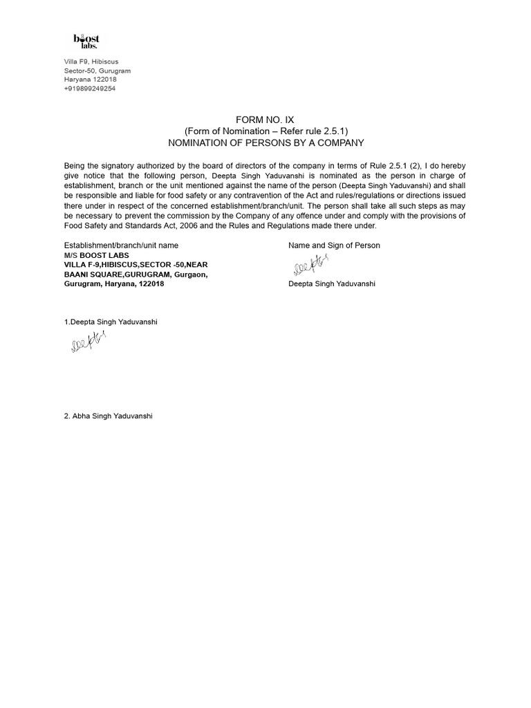 Nomination of Food Safety Officer | PDF