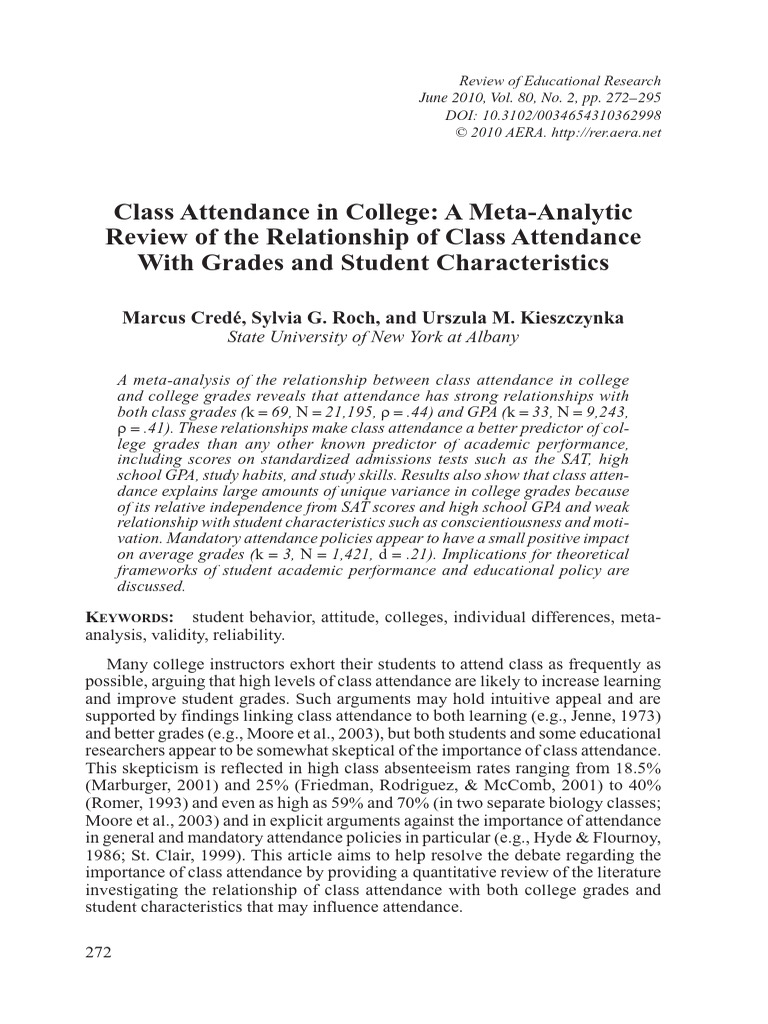 Crede Et Al 2010 Class Attendance in College a Meta Analytic Review of ...