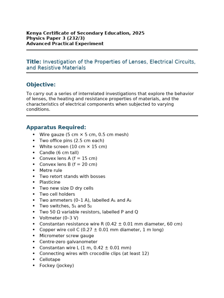 Kenya 2025 Physics Practical Exam Guide | PDF | Electromagnetism ...