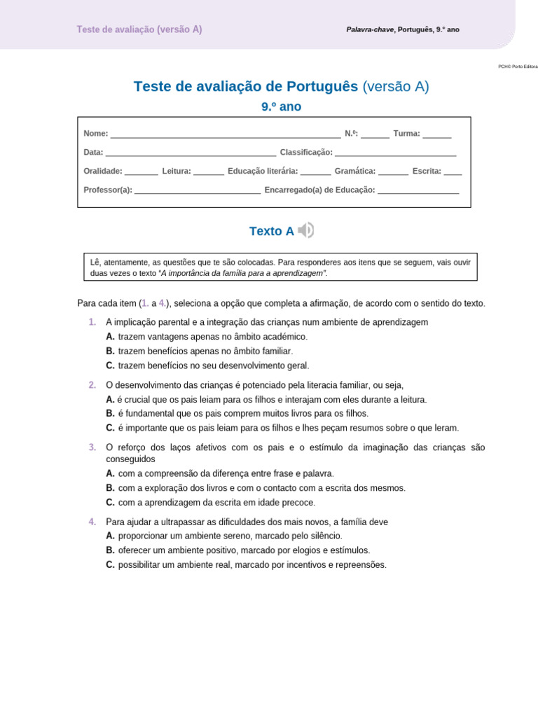 Teste de Português 9.º Ano: Avaliação | PDF | Família | Aprendizado