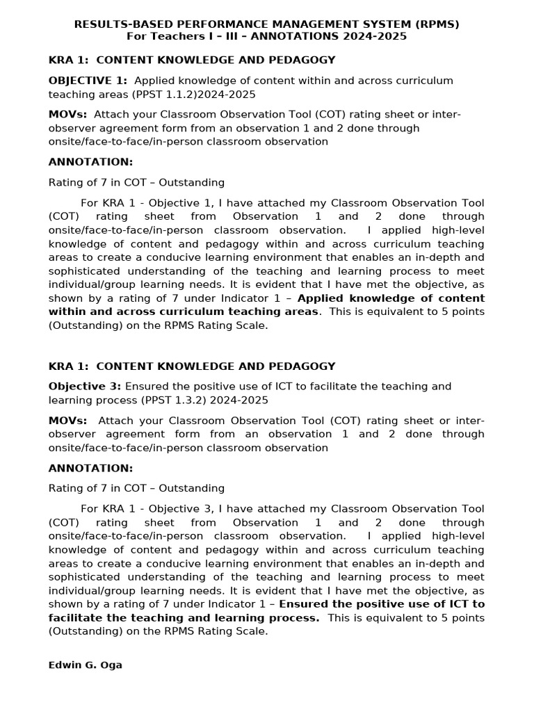 RPMS Performance Annotations 2024-2025 | PDF | Learning | Pedagogy
