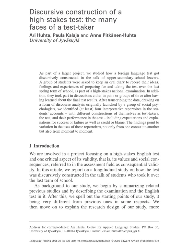 Discursive Construction of A High-Stakes Test Huhta 2006 | PDF