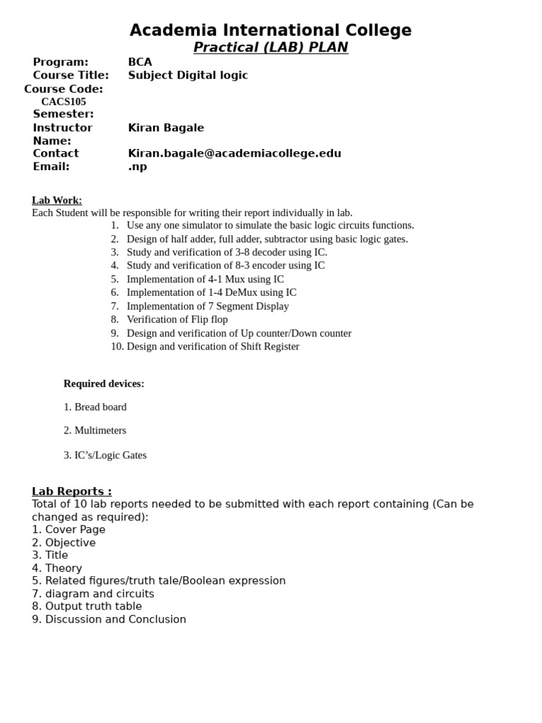 BCA Digital Logic Lab Plan Guide | PDF