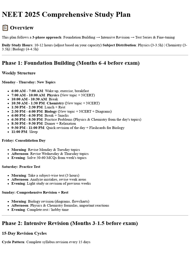 NEET 2025 Study Plan Guide | PDF | Chemistry | Memory