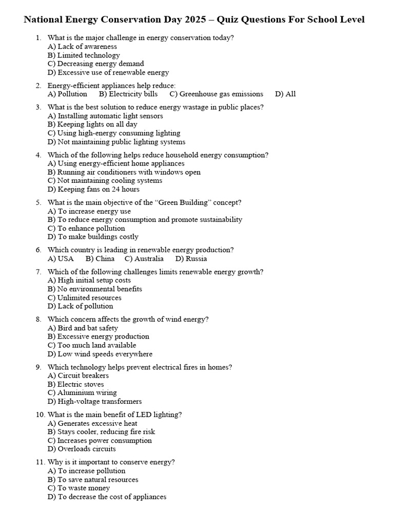 Quiz Questions (ENGLISH) | PDF | Energy Conservation | Power Station