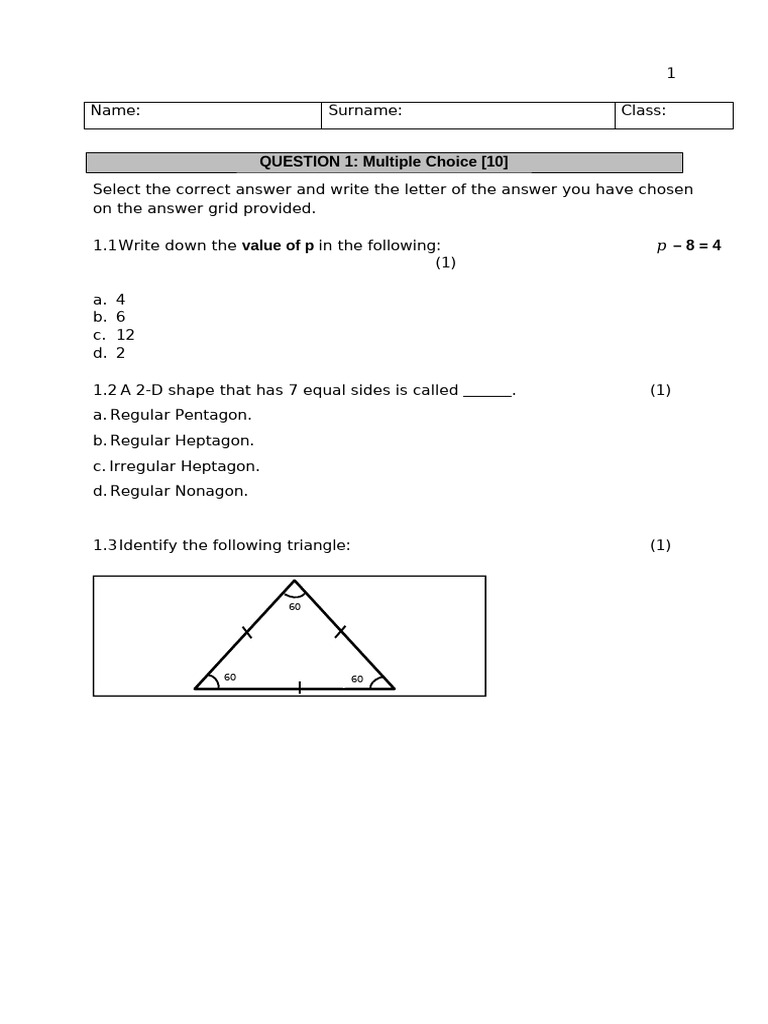 Grade 7 Maths Assessment Questions | PDF | Area | Triangle