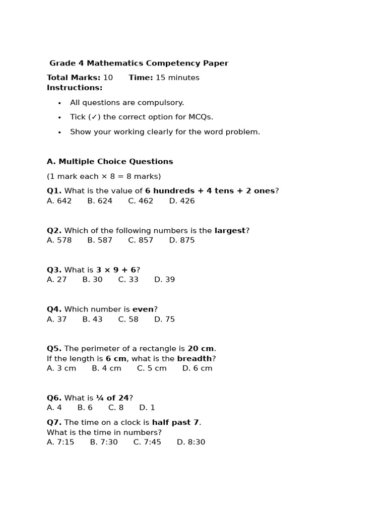 Grade 4 Math Competency Test | PDF