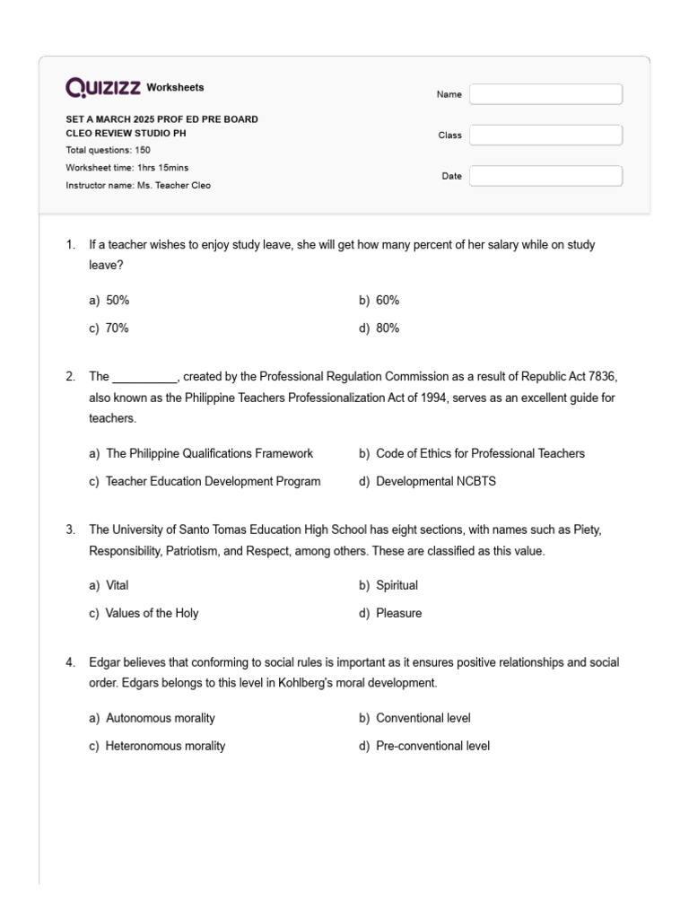 March 2025 Professional Education Worksheets | PDF | Learning ...