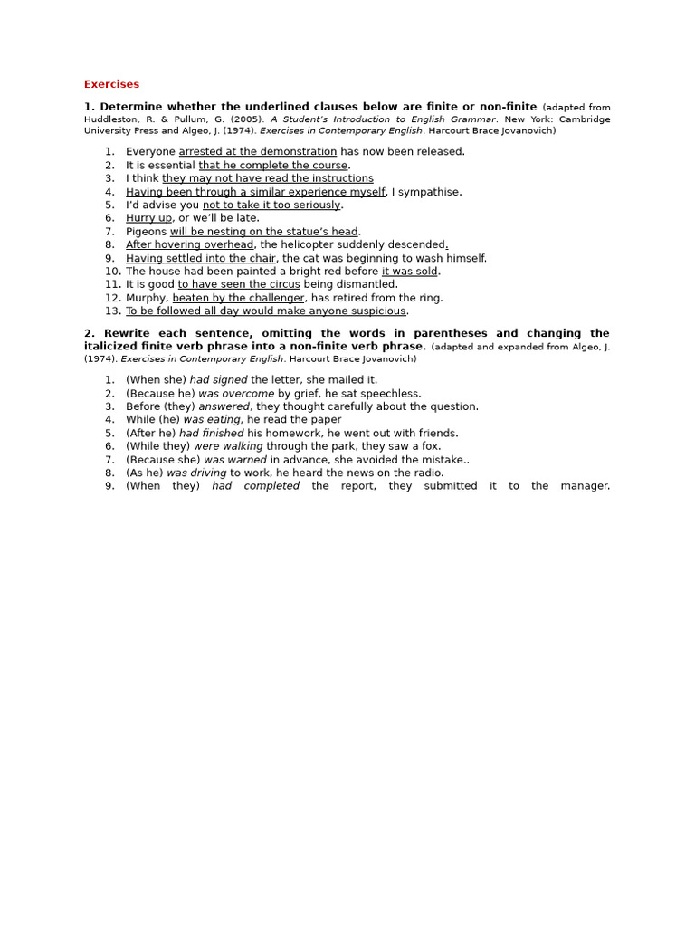 Finite vs Non-Finite Clause Exercises | PDF