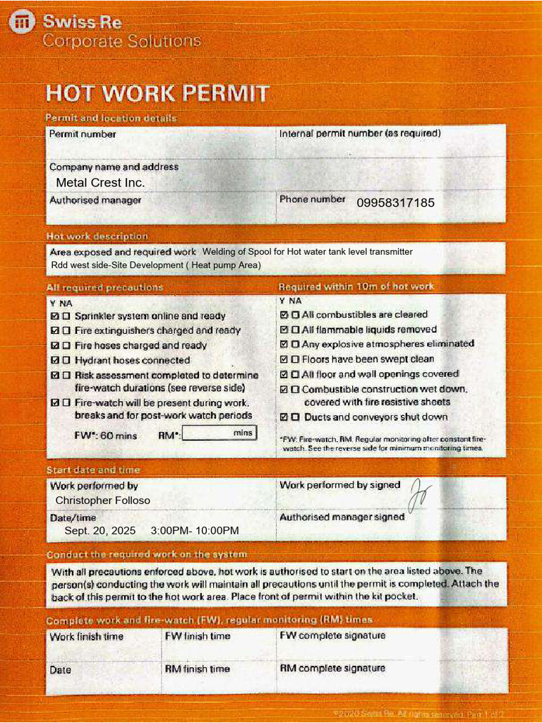 Hotwork Permit 1.RDD - Westside SiteDev | PDF