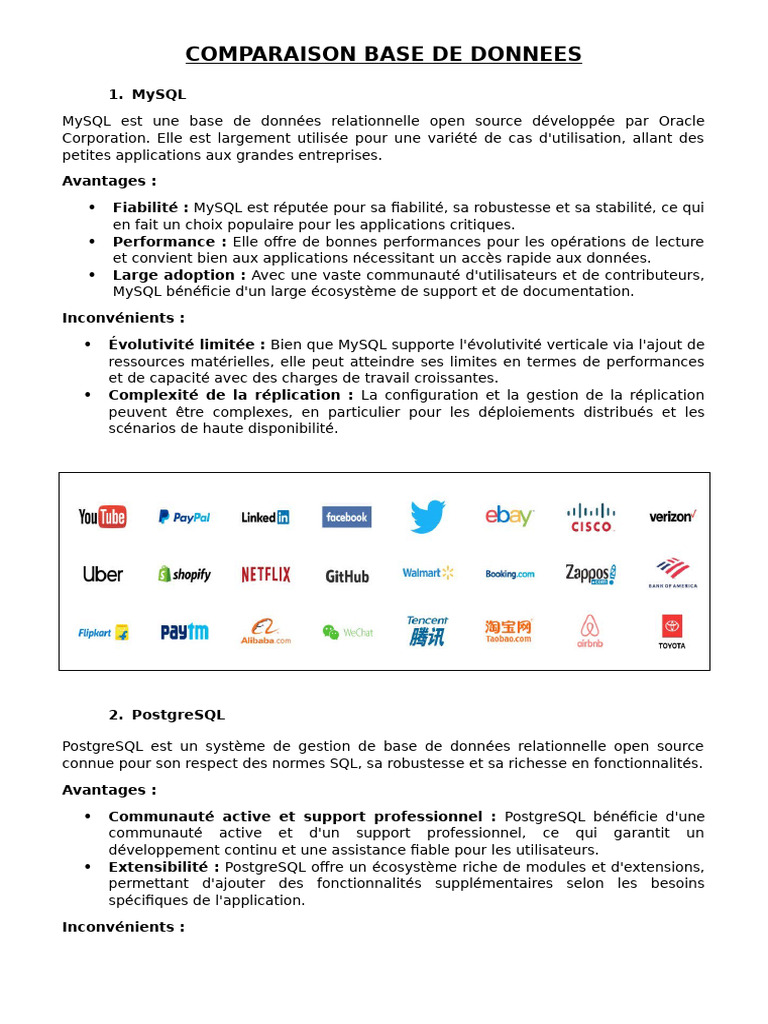 Comparaison des bases de données : MySQL, PostgreSQL, MongoDB | PDF ...