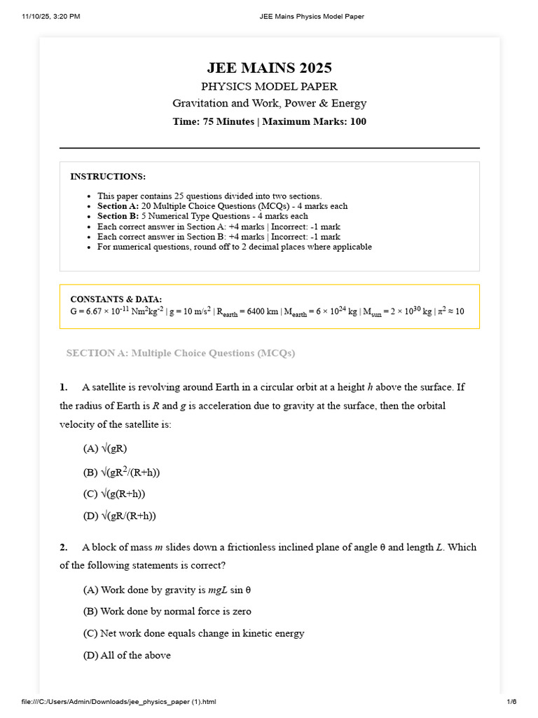 JEE Mains 2025 Physics Model Paper | PDF | Mass | Potential Energy