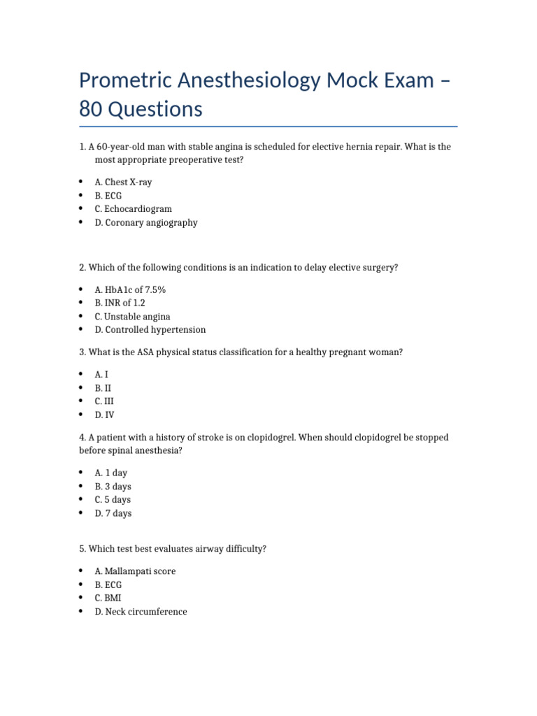 Anesthesiology Mock Exam: 80 Questions | PDF | Opioid | Morphine