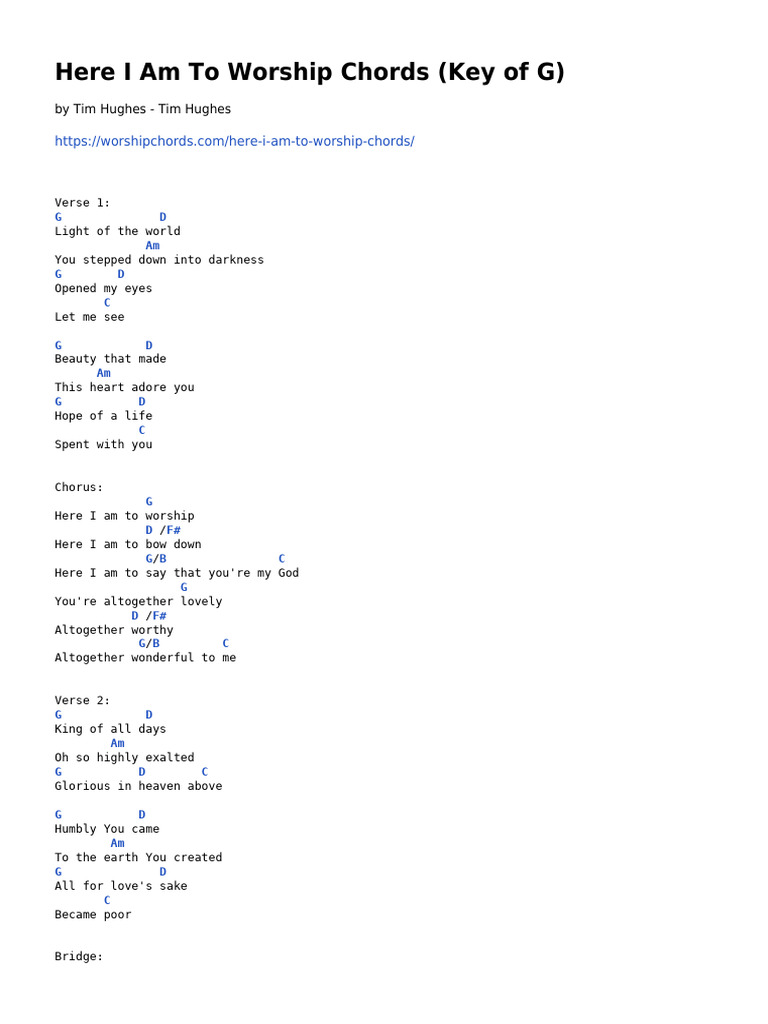 Here I Am To Worship Chords in G PDF