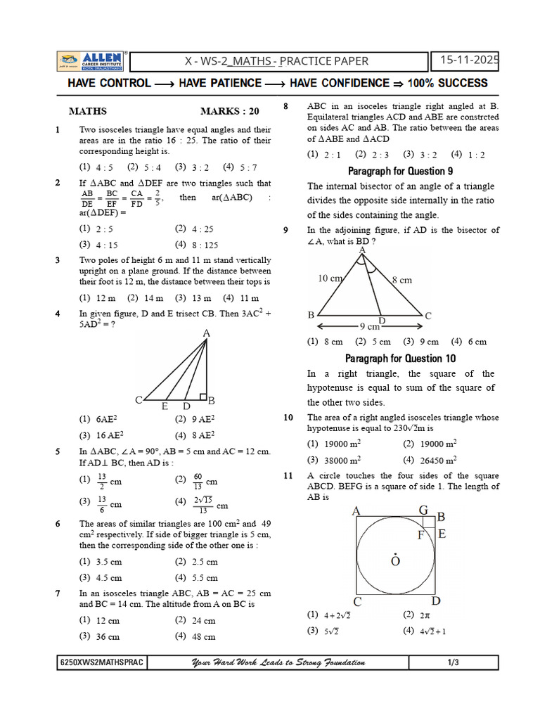 Maths Practice Paper on Triangles and Circles | PDF | Triangle | Circle