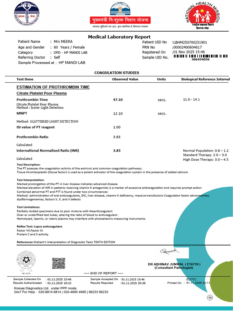Prothrombin Time Lab Report for Mrs. Meera | PDF | Coagulation ...