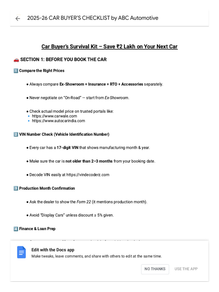 2025-26 Car Buyer's Checklist by ABC Automotive | PDF | Motor Vehicle ...