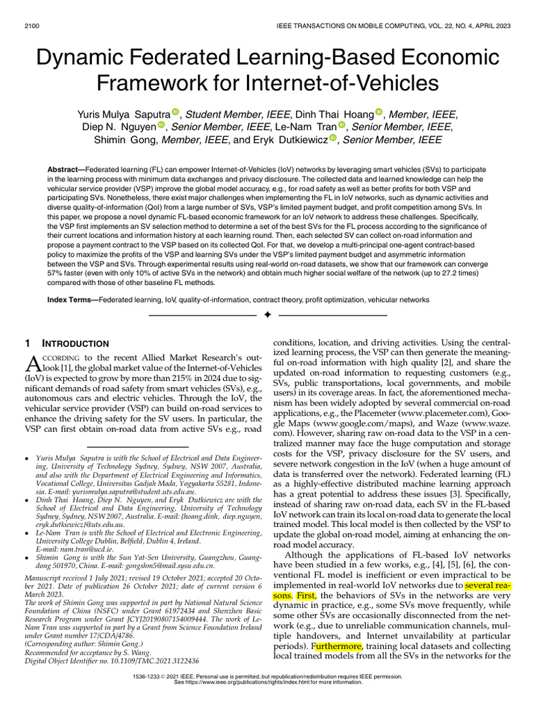 IoV Federated Learning Economic Framework | PDF | Mathematical ...