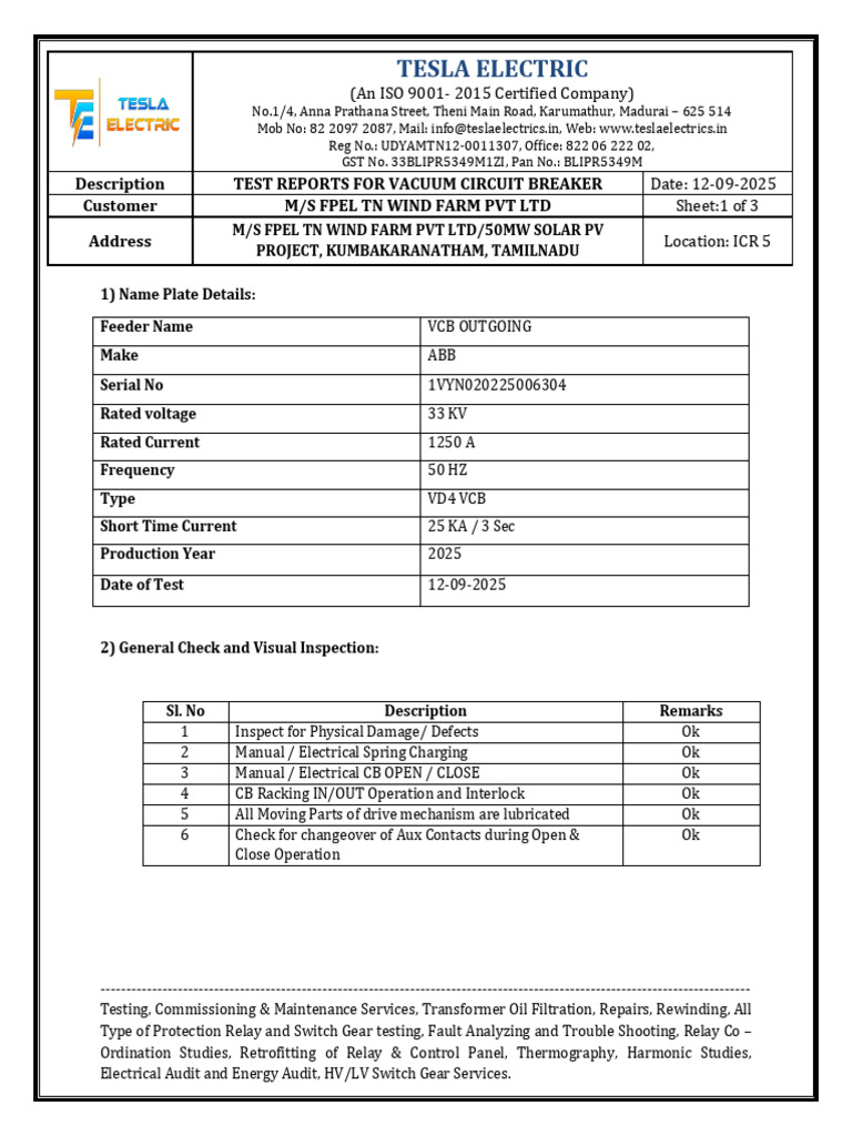 VCB Test Report for FPEL Wind Farm | PDF | Relay | Transformer