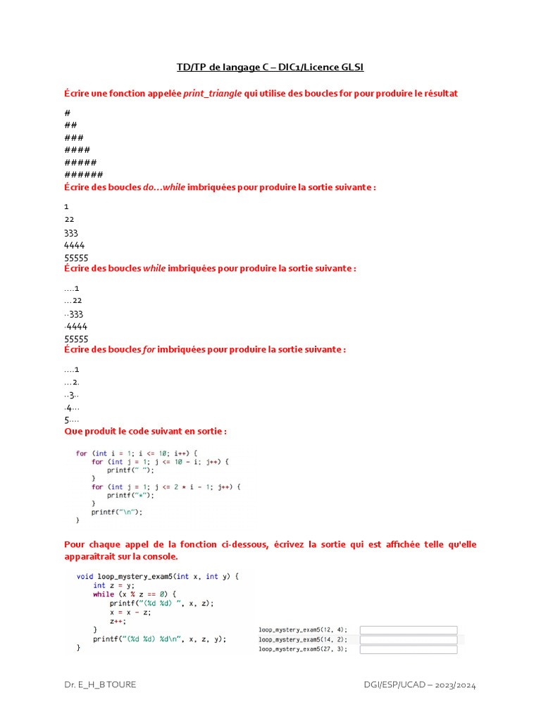 Exercices de programmation en C pour DIC1 | PDF