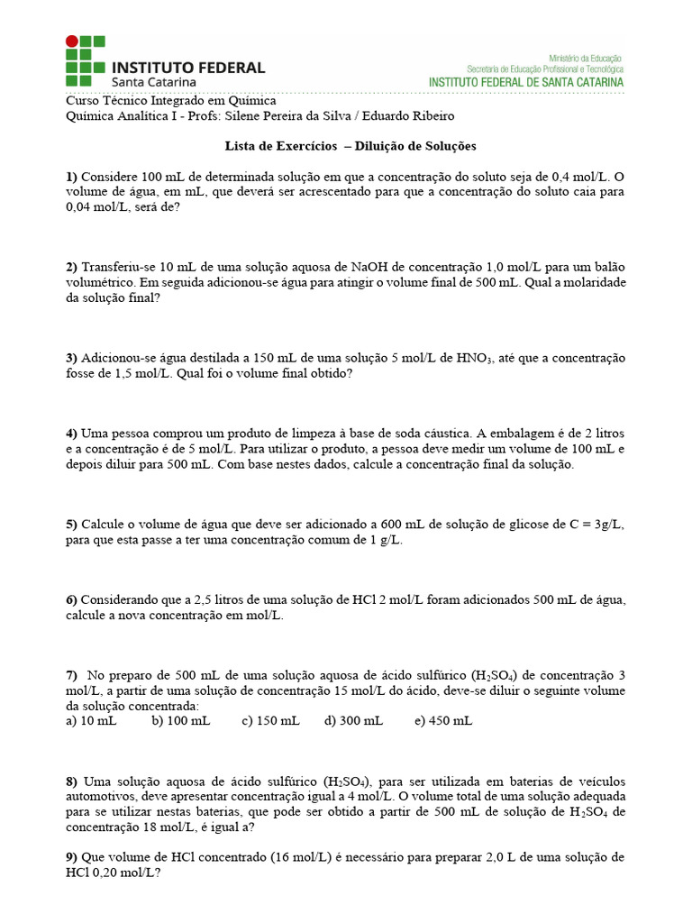 Exercícios de Diluição em Química | PDF | Concentração | Química