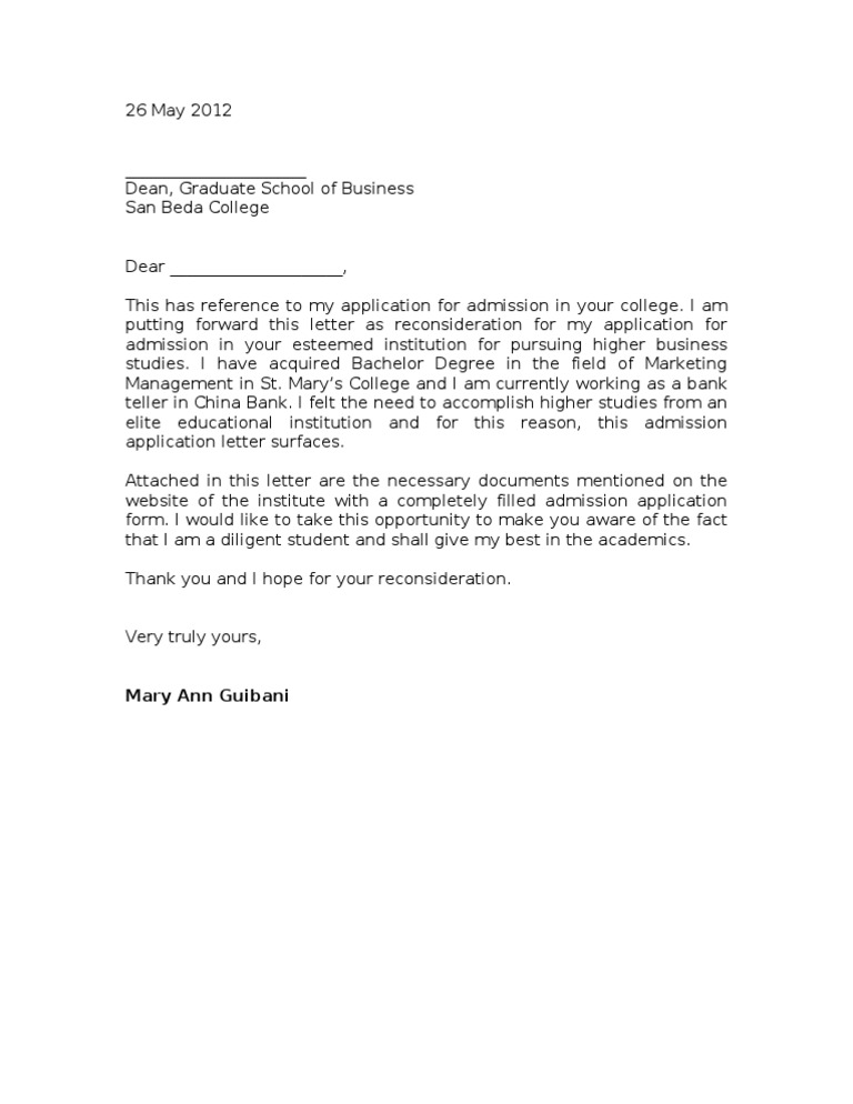 Sample Reconsideration Letter | Higher Education | Educational Stages