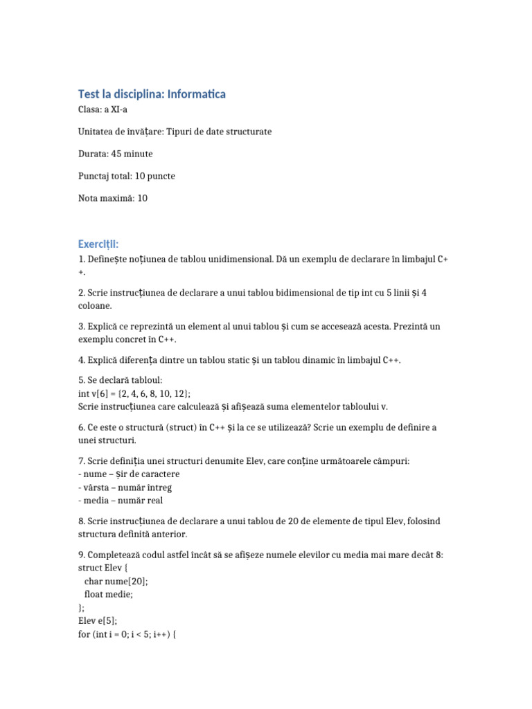 Test Informatica Tipuri de Date Structurate Clasa XI | PDF