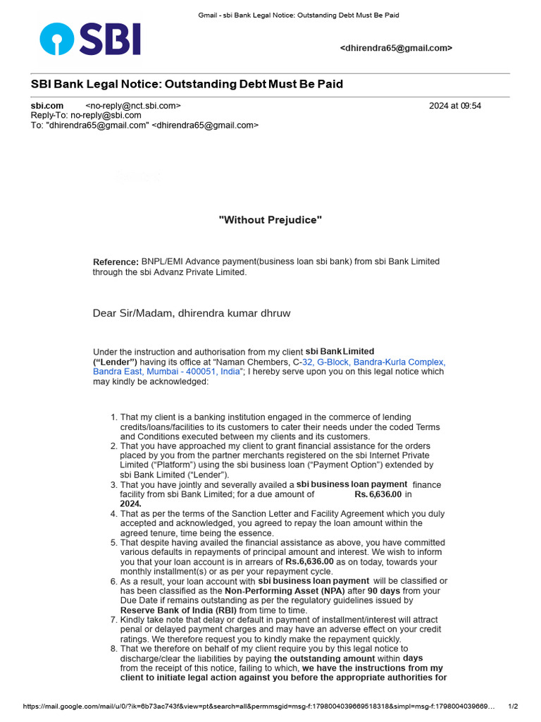 SBI Bank Legal Notice: Debt Repayment Required | PDF | Loans | Banks