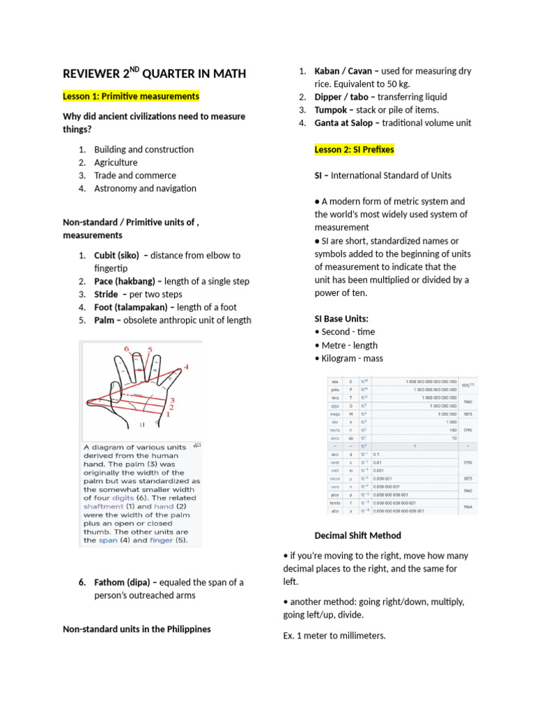 Reviewer 2nd Quarter Math | PDF | Volume | Metre