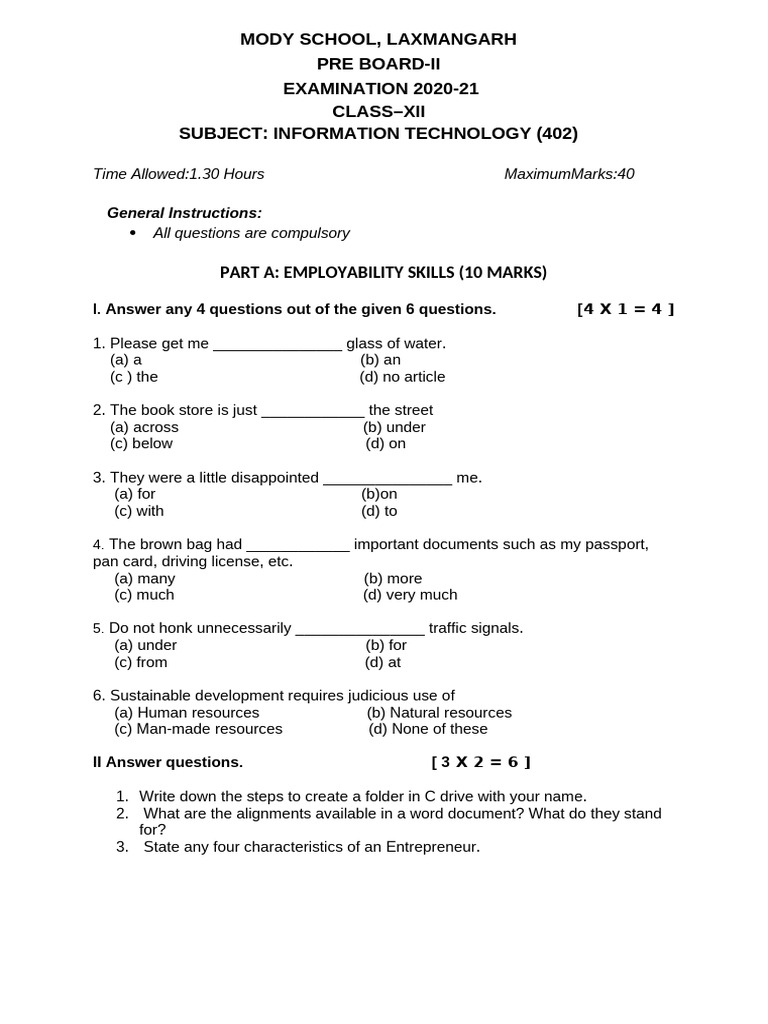 Class 10 Preboard 2 Paper | PDF | Data Management | Databases