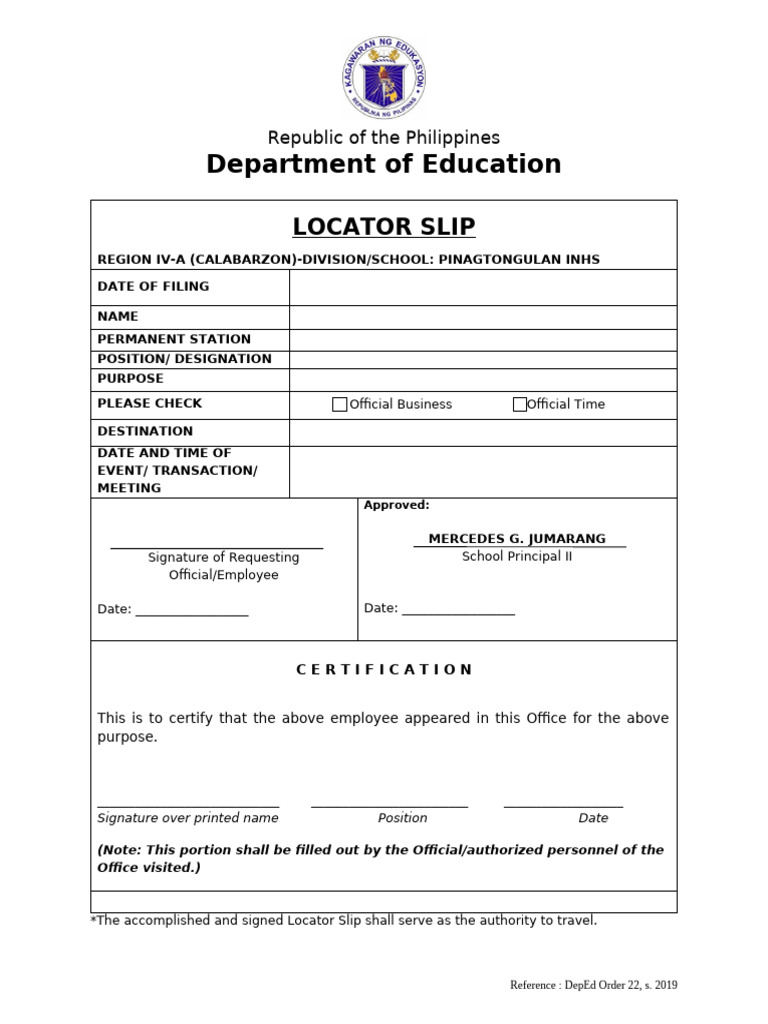 Locator Slip for Official Travel - DepEd | PDF