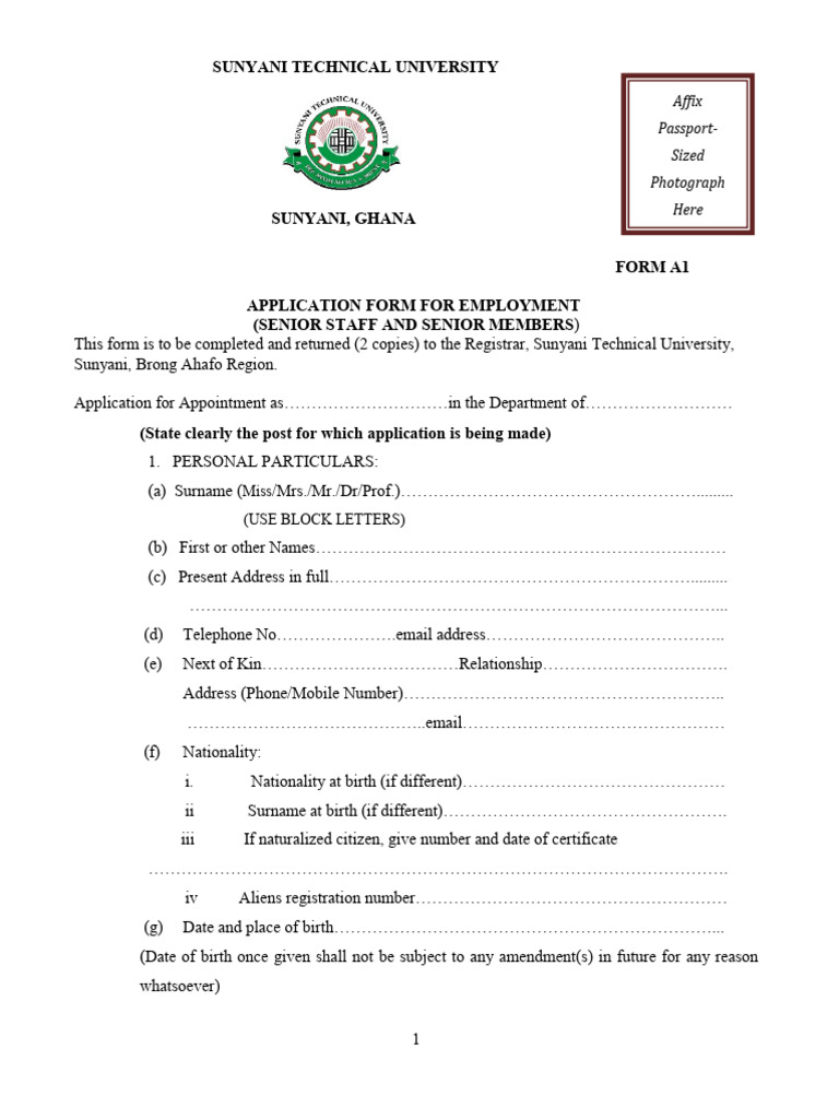 SUNYANI Technical University Job Application Form | PDF