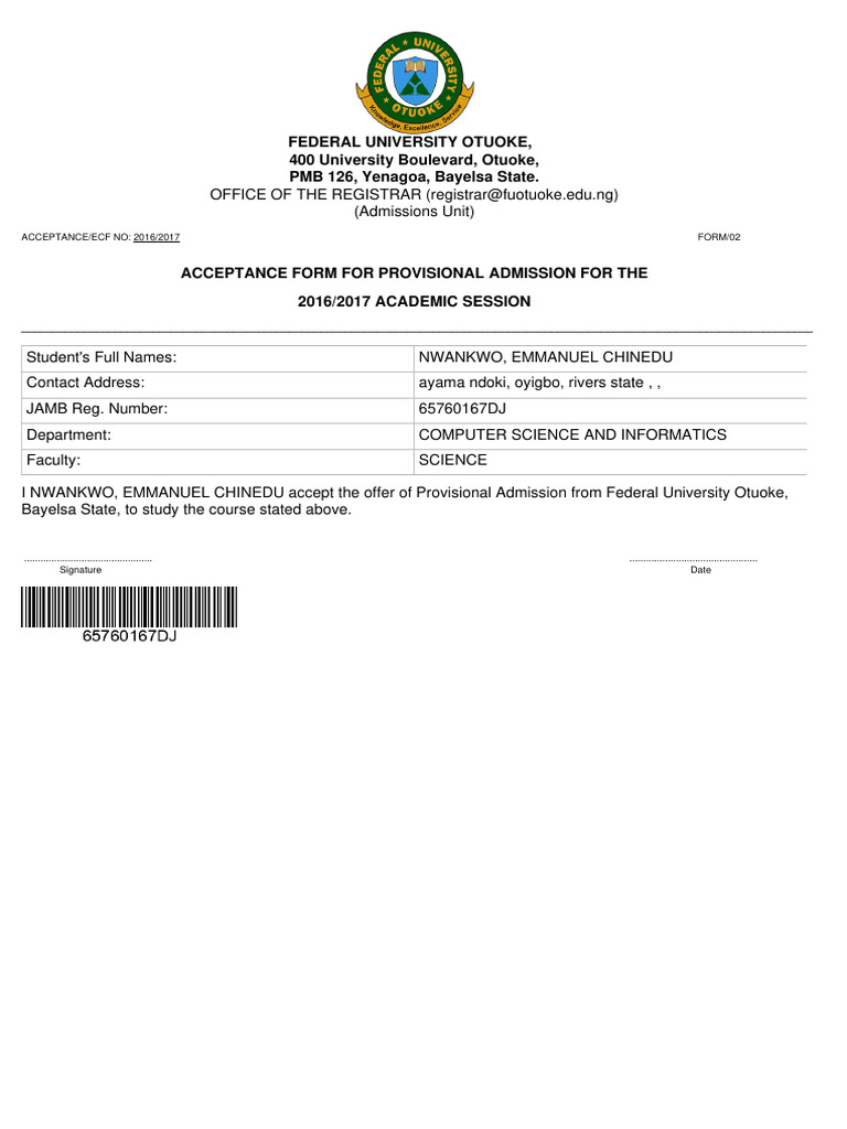 FU Otuoke 2016/2017 Admission Acceptance Form | PDF