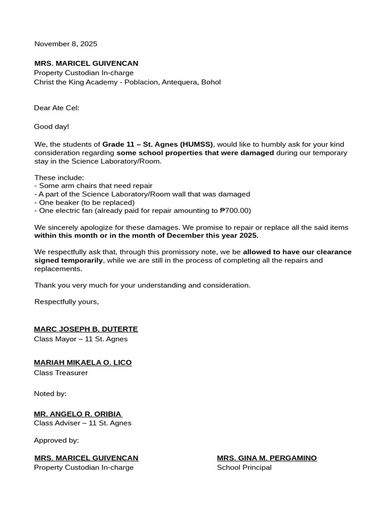 Grade 11 Damage Report and Promissory Note | PDF