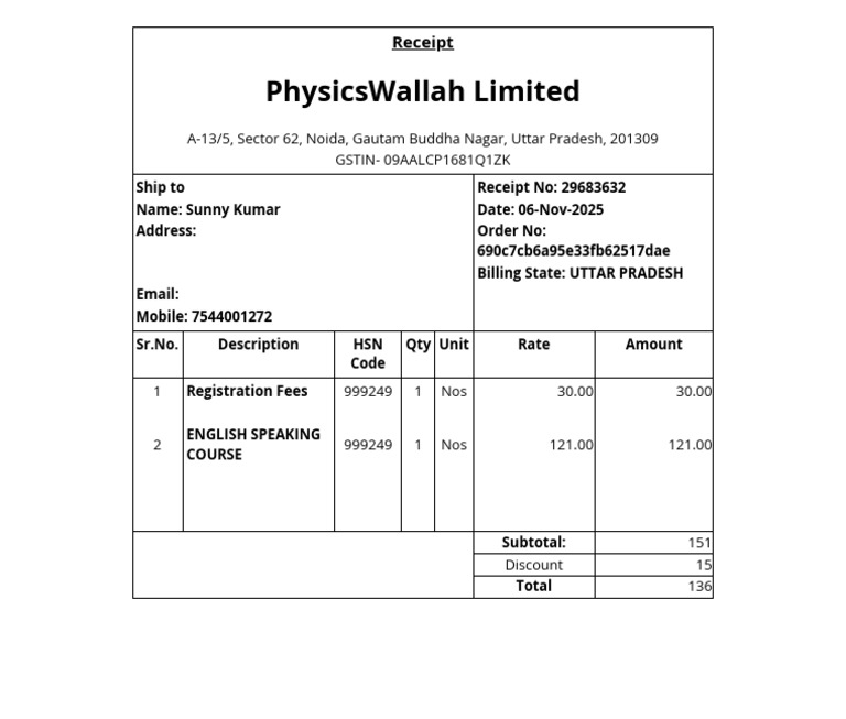 Receipt for English Speaking Course | PDF