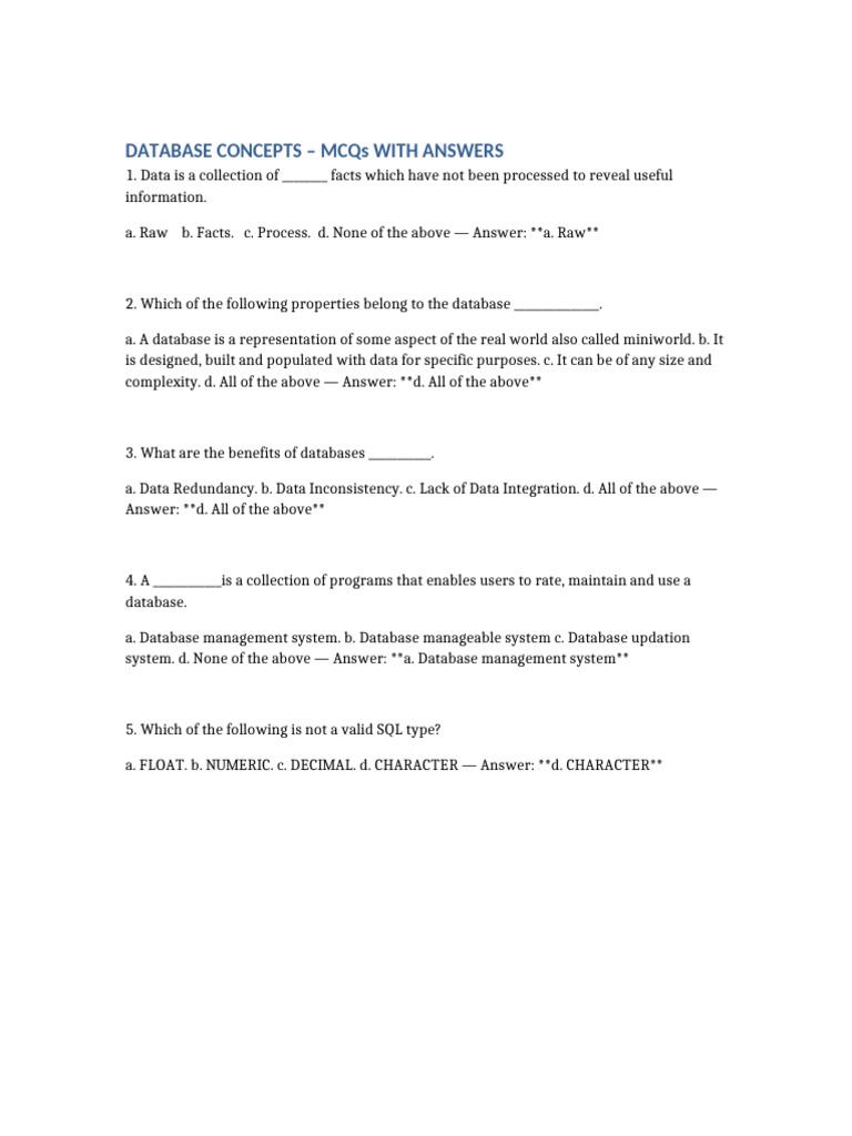 Database Concepts MCQs and Answers | PDF