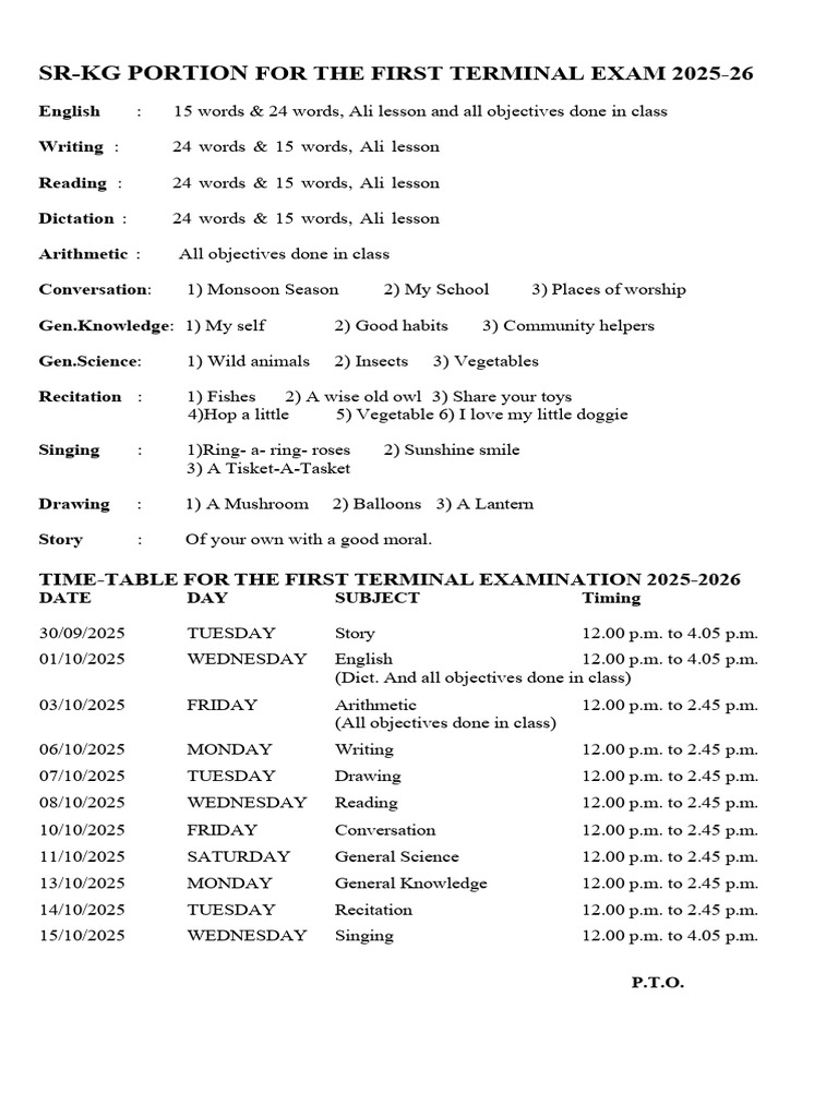 SR-KG First Terminal Exam Guide 2025 | PDF