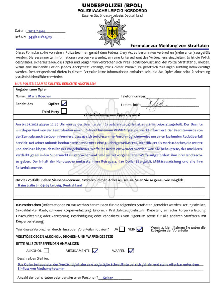 Undespolizei (Bpol) Robbery Report 003233144 | PDF
