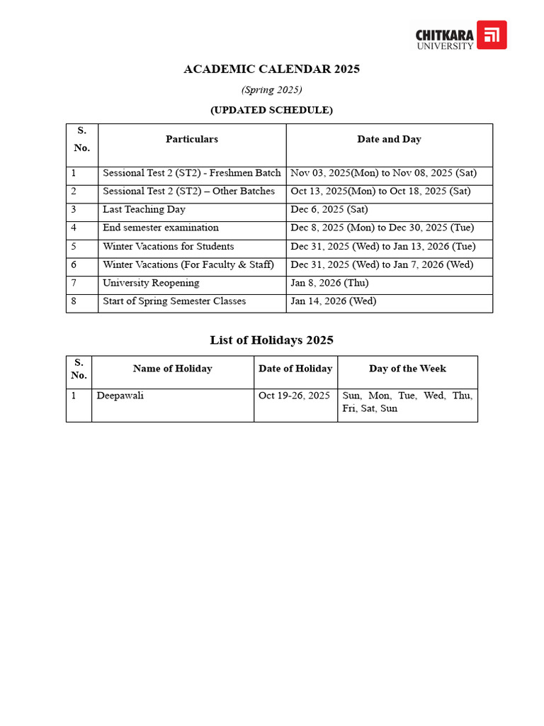 Academic Calendar 2025: Spring Schedule | PDF