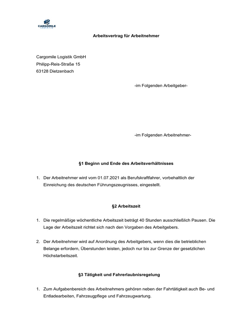 Arbeitsvertrag Muster (2882) | PDF
