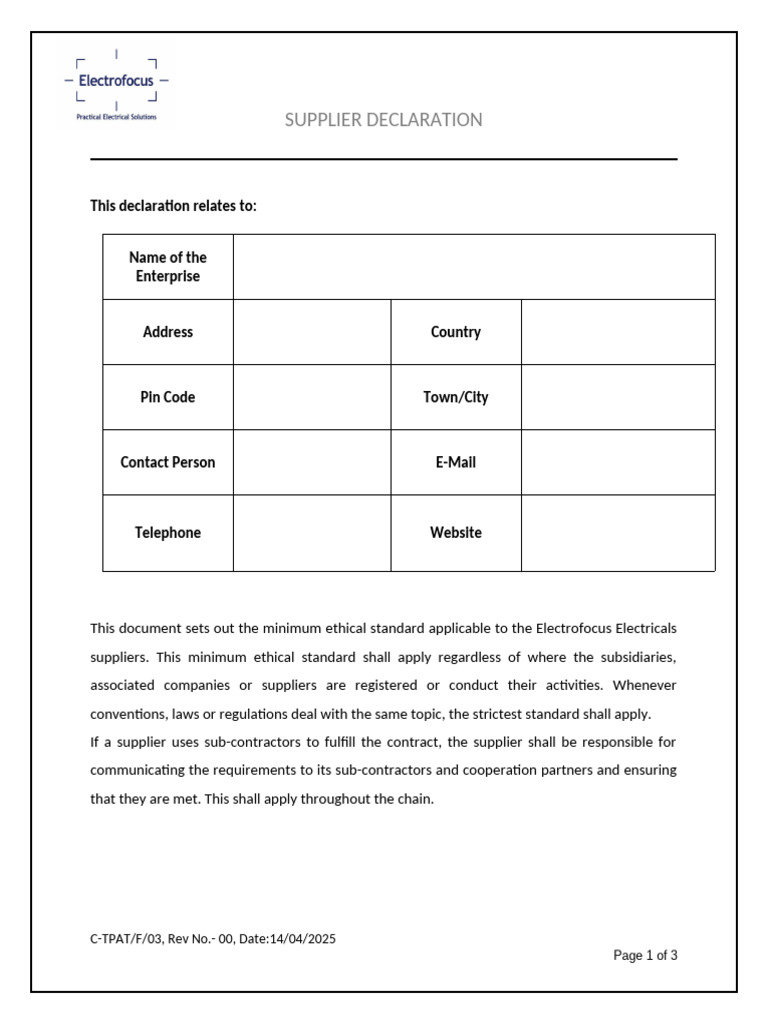 Supplier Declaration for Ethical Standards | PDF | Supply Chain ...