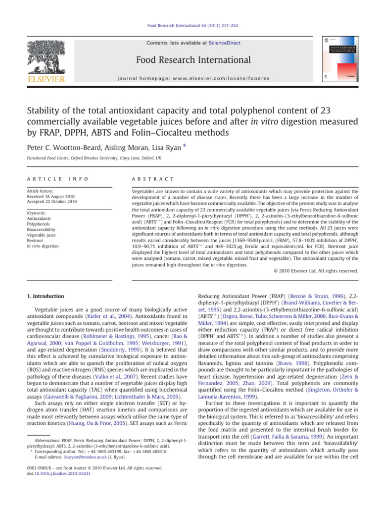Food Research International: in Vitro | PDF | Polyphenol | Antioxidant