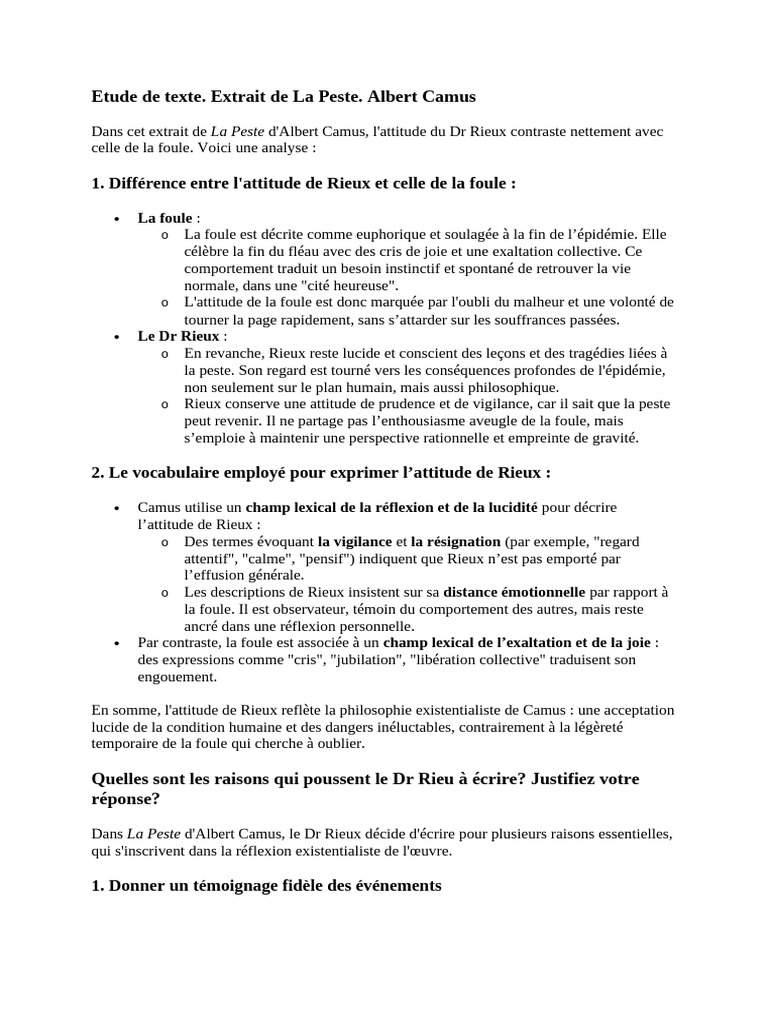 Analyse de l'attitude du Dr Rieux dans La Peste | PDF | Albert Camus | Mal