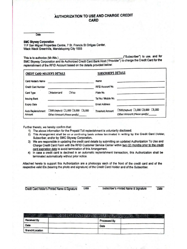 Authorization To Use and Charge Credit Card - SMC Skyway | PDF